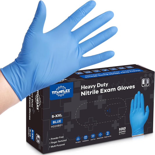 TitanFlex Nitrile Exam Gloves, Blue, 6-mil, Heavy Duty Nitrile Gloves, Mechanic Disposable Gloves, Latex Free, Powder Free
