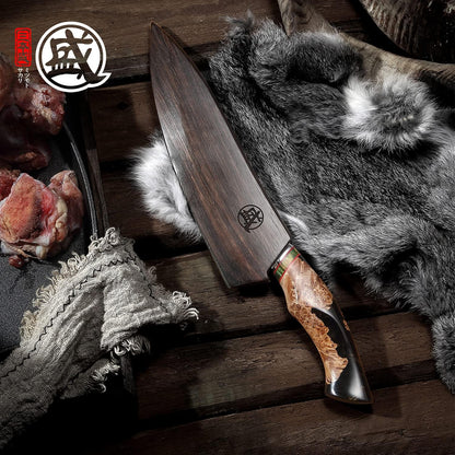 8-Inch Japanese Gyuto Chef Knife, 440C Damascus Steel | Precision Pull Cuts, Deep-Cryo Edge Stability, 2.2 mm Thin Blade Control, Maple Burl Handle, Sandalwood Box