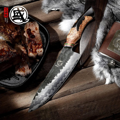 8-Inch Japanese Gyuto Chef Knife, 440C Damascus Steel | Precision Pull Cuts, Deep-Cryo Edge Stability, 2.2 mm Thin Blade Control, Maple Burl Handle, Sandalwood Box