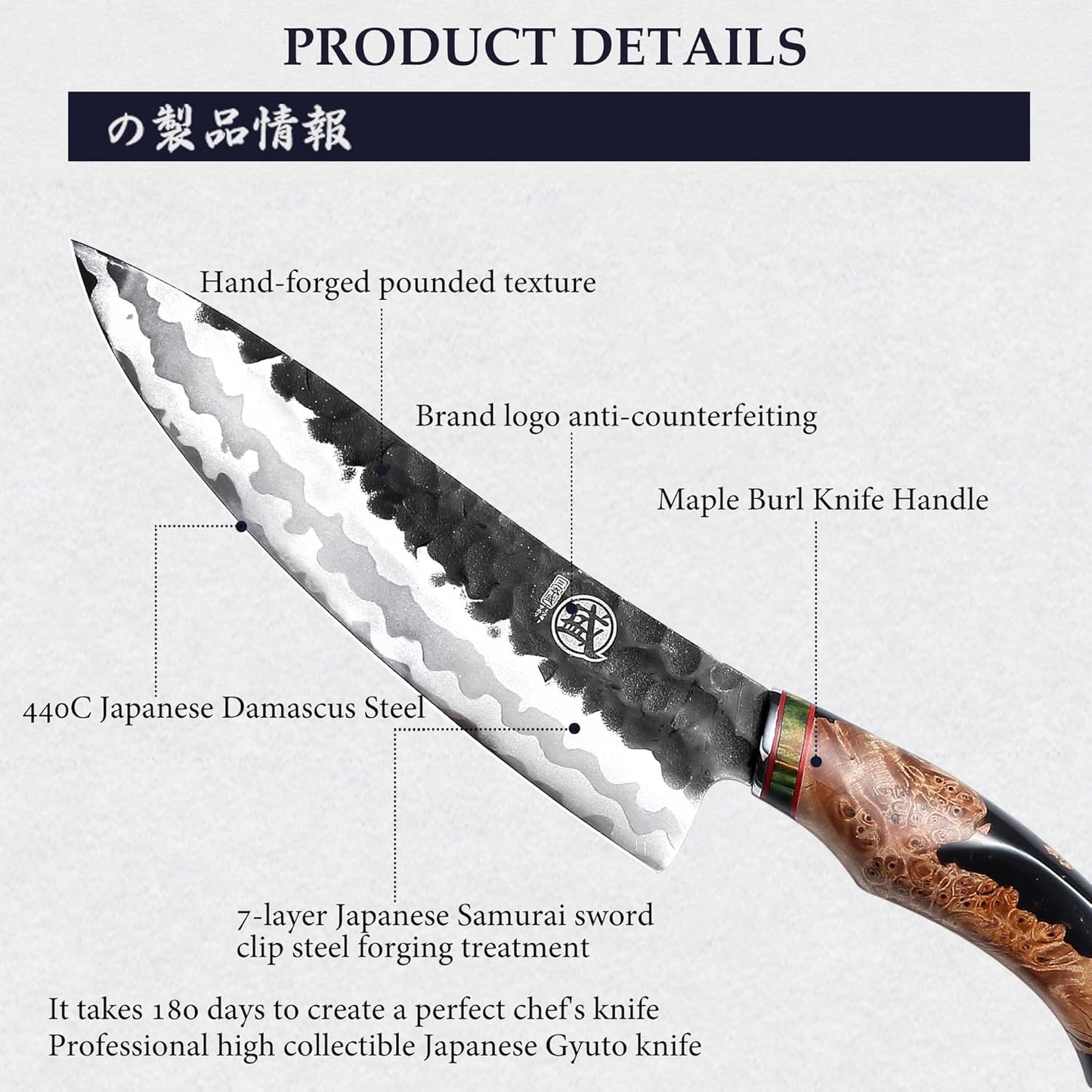 8-Inch Japanese Gyuto Chef Knife, 440C Damascus Steel | Precision Pull Cuts, Deep-Cryo Edge Stability, 2.2 mm Thin Blade Control, Maple Burl Handle, Sandalwood Box