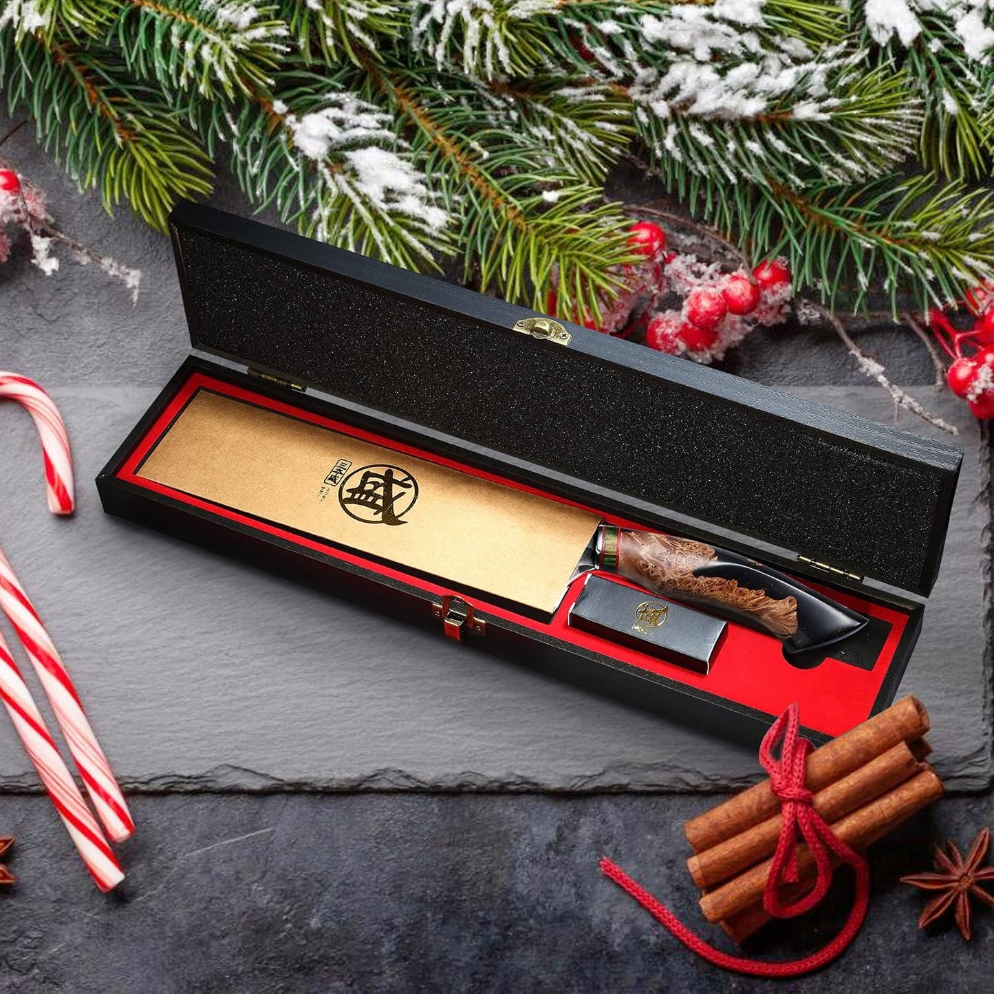 8-Inch Japanese Gyuto Chef Knife, 440C Damascus Steel | Precision Pull Cuts, Deep-Cryo Edge Stability, 2.2 mm Thin Blade Control, Maple Burl Handle, Sandalwood Box