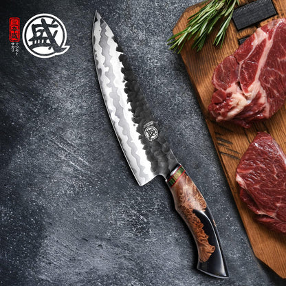 8-Inch Japanese Gyuto Chef Knife, 440C Damascus Steel | Precision Pull Cuts, Deep-Cryo Edge Stability, 2.2 mm Thin Blade Control, Maple Burl Handle, Sandalwood Box