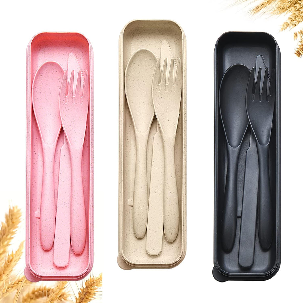 Reusable Travel Utensils Set with Case, Pink Wheat Straw Portable Knife Fork Spoons Tableware, Eco-Friendly BPA Free Cutlery for Kids and Adults as Travel Picnic Camping Utensils