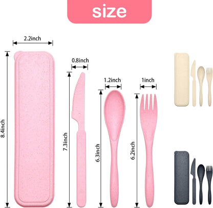 Reusable Travel Utensils Set with Case, Pink Wheat Straw Portable Knife Fork Spoons Tableware, Eco-Friendly BPA Free Cutlery for Kids and Adults as Travel Picnic Camping Utensils
