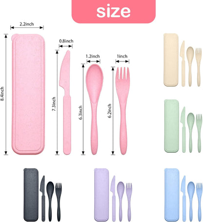 Reusable Travel Utensils Set with Case, Pink Wheat Straw Portable Knife Fork Spoons Tableware, Eco-Friendly BPA Free Cutlery for Kids and Adults as Travel Picnic Camping Utensils