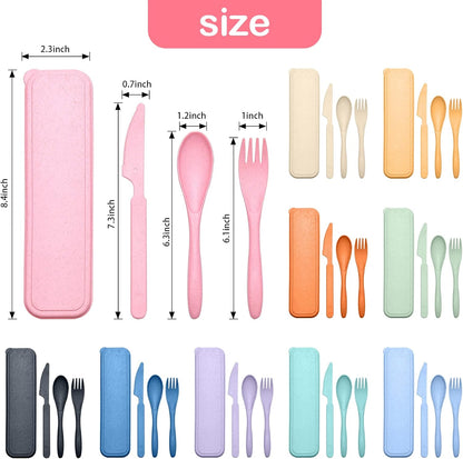 Reusable Travel Utensils Set with Case, Pink Wheat Straw Portable Knife Fork Spoons Tableware, Eco-Friendly BPA Free Cutlery for Kids and Adults as Travel Picnic Camping Utensils
