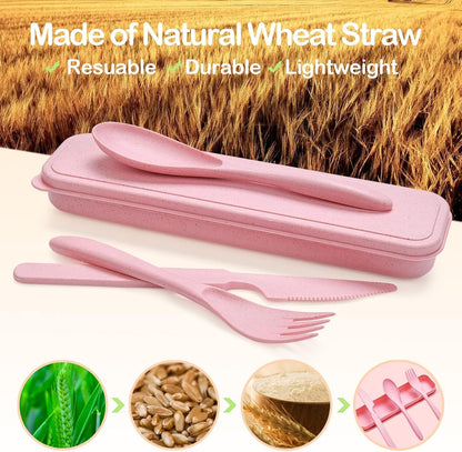 Reusable Travel Utensils Set with Case, Pink Wheat Straw Portable Knife Fork Spoons Tableware, Eco-Friendly BPA Free Cutlery for Kids and Adults as Travel Picnic Camping Utensils