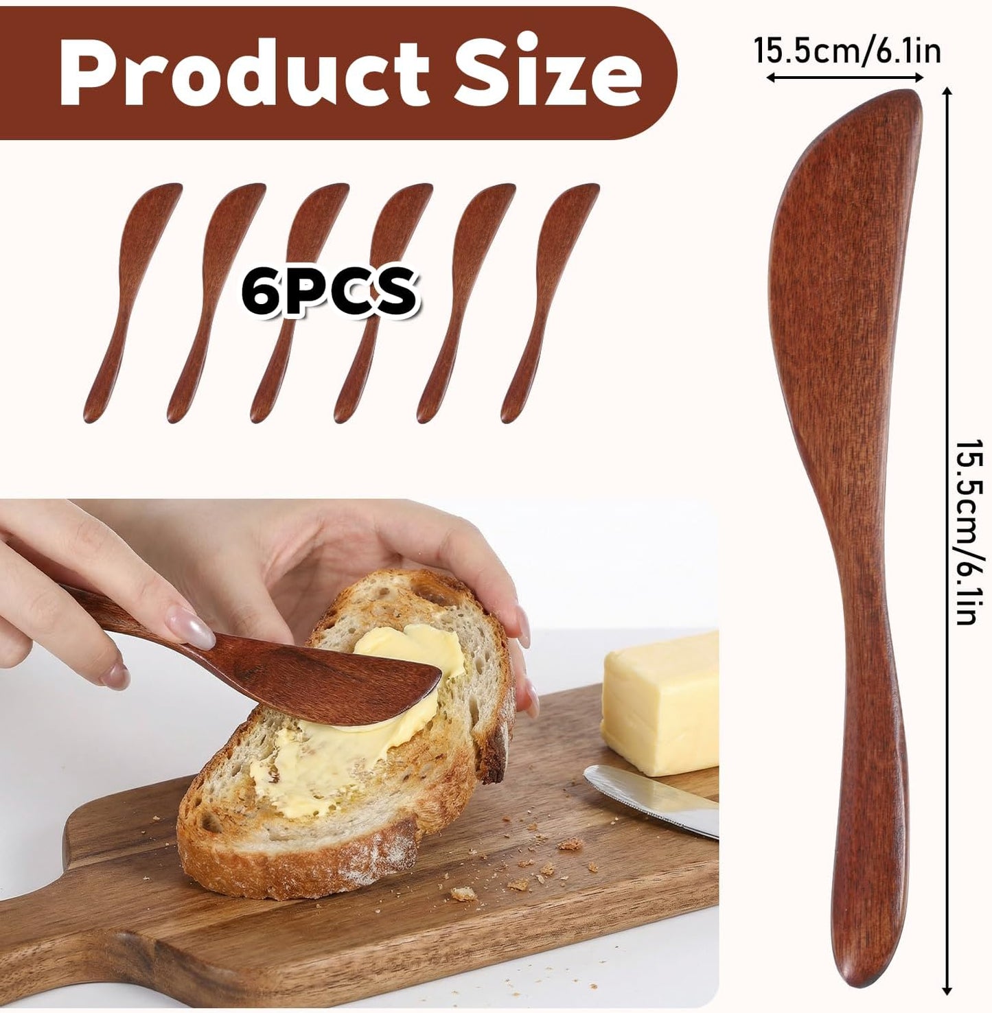 6PCS Wooden Butter Knife Spreader, Jelly Cheese Spreaders Jam Spreaders for Jars Blenders Stirring Mixing Sandwich Mini Spatulas for Kitchen Restaurant