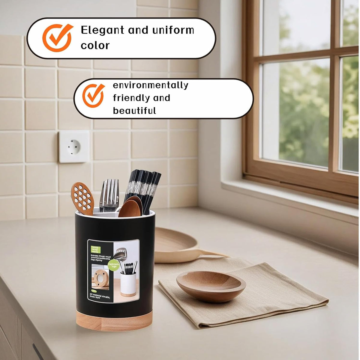 Modern Kitchen Utensil Holder with Drainage, Black and Wood Base, 3 Compartment Divided Organizer for Spoons Forks Knives, Countertop Caddy for Cooking Tools and Cutlery Storage- Non-Slip