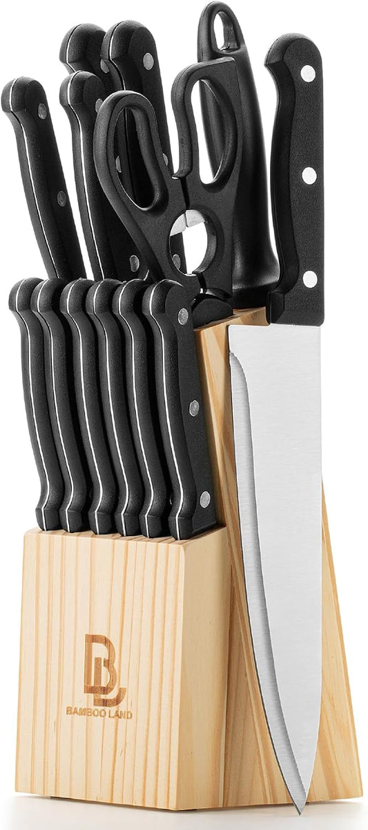 Kitchen Knife Set, 14 pcs, Stainless Steel Knife Set with Block and Sharpener