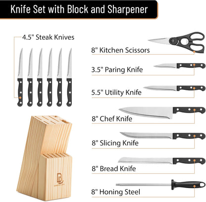 Kitchen Knife Set, 14 pcs, Stainless Steel Knife Set with Block and Sharpener