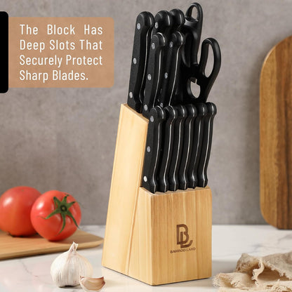 Kitchen Knife Set, 14 pcs, Stainless Steel Knife Set with Block and Sharpener
