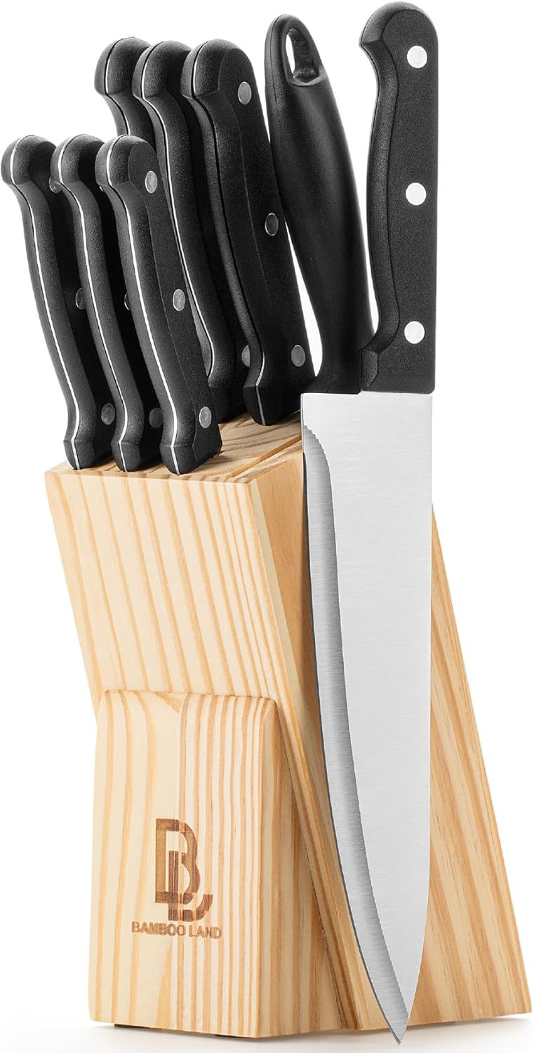 Kitchen Knife Set, 14 pcs, Stainless Steel Knife Set with Block and Sharpener