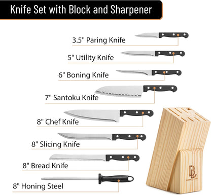 Kitchen Knife Set, 14 pcs, Stainless Steel Knife Set with Block and Sharpener