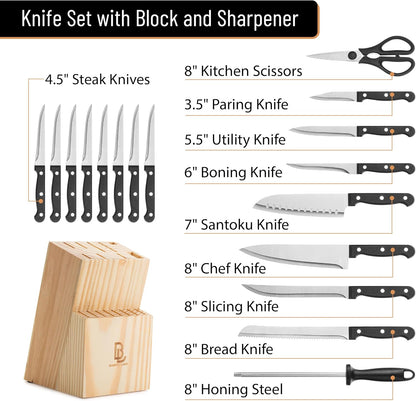 Kitchen Knife Set, 14 pcs, Stainless Steel Knife Set with Block and Sharpener