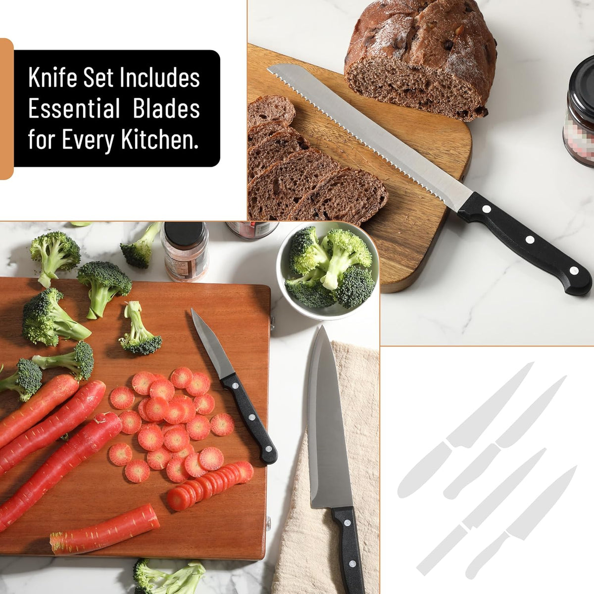 Kitchen Knife Set, 14 pcs, Stainless Steel Knife Set with Block and Sharpener