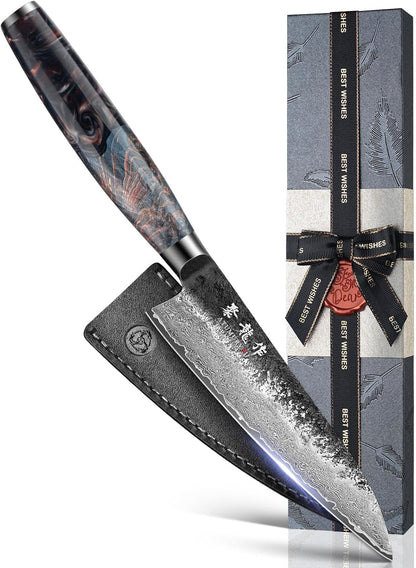 7 Inch Japanese Damascus Santoku Knife, VG10 Steel Forged | Kurouchi Forged Finish, Slice • Dice • Mince, Wide Blade Versatility, Leather Sheath Included, Premium Gift Box