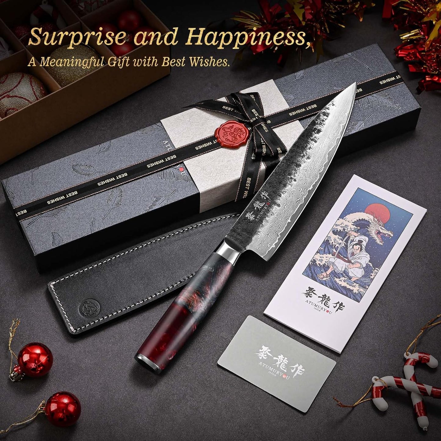 7 Inch Japanese Damascus Santoku Knife, VG10 Steel Forged | Kurouchi Forged Finish, Slice • Dice • Mince, Wide Blade Versatility, Leather Sheath Included, Premium Gift Box