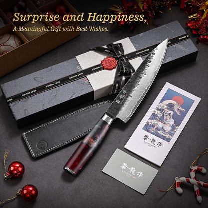 7 Inch Japanese Damascus Santoku Knife, VG10 Steel Forged | Kurouchi Forged Finish, Slice • Dice • Mince, Wide Blade Versatility, Leather Sheath Included, Premium Gift Box
