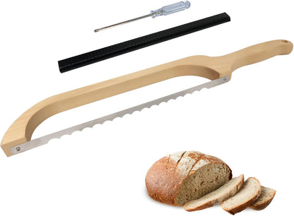 Sourdough Bread Knife,16" Wooden Sourdough Bread Slicer | Bow design with serrated stainless steel blade and beech wood handle; cuts even slices of sourdough, bagels and baguettes