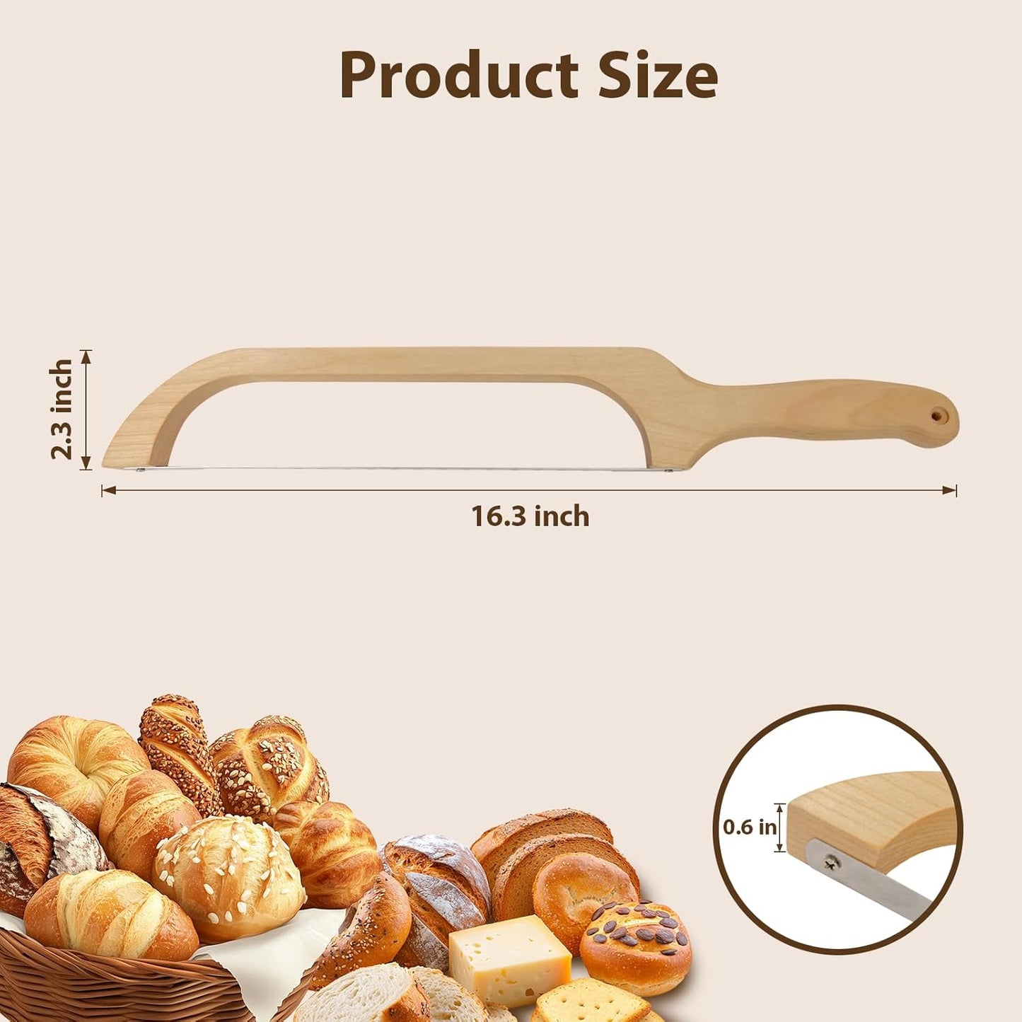 Sourdough Bread Knife,16" Wooden Sourdough Bread Slicer | Bow design with serrated stainless steel blade and beech wood handle; cuts even slices of sourdough, bagels and baguettes