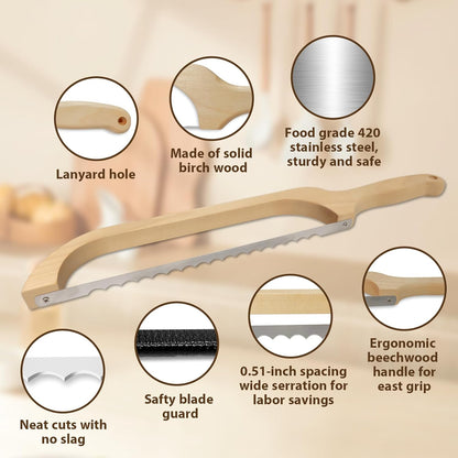 Sourdough Bread Knife,16" Wooden Sourdough Bread Slicer | Bow design with serrated stainless steel blade and beech wood handle; cuts even slices of sourdough, bagels and baguettes