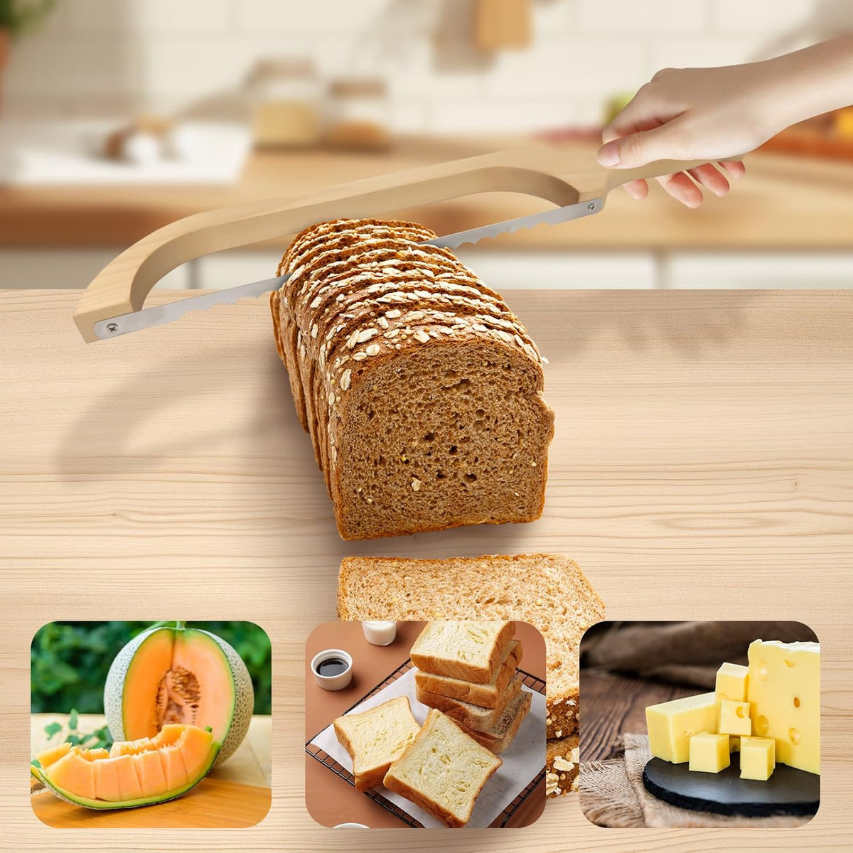 Sourdough Bread Knife,16" Wooden Sourdough Bread Slicer | Bow design with serrated stainless steel blade and beech wood handle; cuts even slices of sourdough, bagels and baguettes
