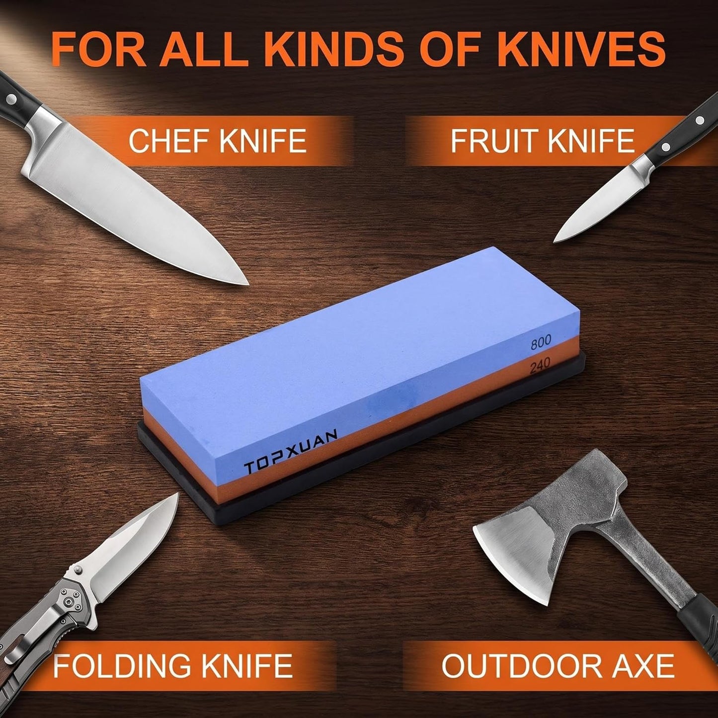 Knife Sharpening Stone 240/800 Grit 2 Sided Sharpener Whetstone,Professional Wetstone for Kitchen Knives Sharpener with Non-Slip Rubber,Orange Color Box Package
