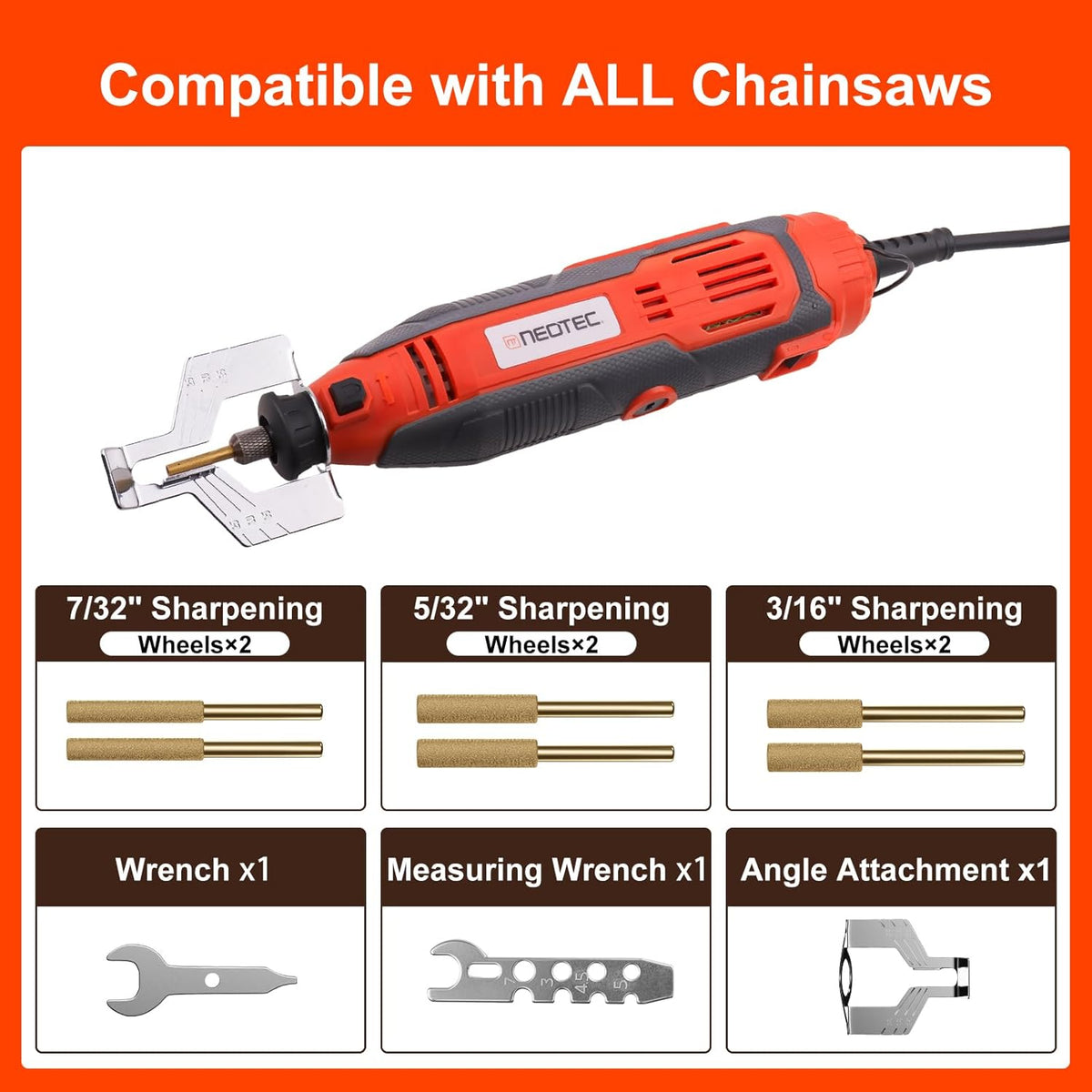 Electric Chainsaw Sharpener Kit On-Saw Quick Sharpening Tool with Angle Guide 6 Titanium Diamond Bits Restores Dull Chains in Minutes for Forestry Professionals and DIY Yard Work