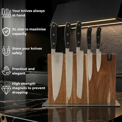 Magnetic Knife Block Stand XL with Built-in Knife Sharpener Wooden Magnetic Knife Holder for Kitchen Knife Storage Elegant and Sturdy Countertop Knife Stand Knife Magnet in Acacia Wood