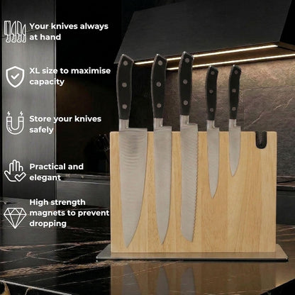Magnetic Knife Block Stand XL with Built-in Knife Sharpener Wooden Magnetic Knife Holder for Kitchen Knife Storage Elegant and Sturdy Countertop Knife Stand Knife Magnet in Acacia Wood