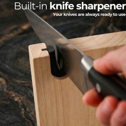 Magnetic Knife Block Stand XL with Built-in Knife Sharpener Wooden Magnetic Knife Holder for Kitchen Knife Storage Elegant and Sturdy Countertop Knife Stand Knife Magnet in Acacia Wood