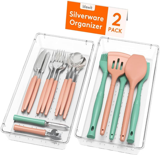 Silverware Drawer Organizer, 5.75" x 11.65" Clear Utensil Tray for Kitchen Drawer, Stackable Plastic Flatware and Cutlery Storage Box Divider for Spoons Forks Knives Tools, 2 Pack