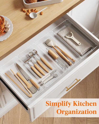 Silverware Drawer Organizer, 5.75" x 11.65" Clear Utensil Tray for Kitchen Drawer, Stackable Plastic Flatware and Cutlery Storage Box Divider for Spoons Forks Knives Tools, 2 Pack