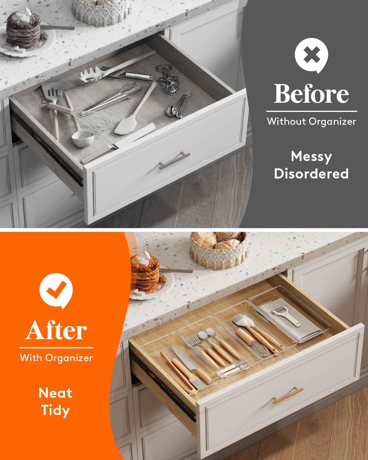 Silverware Drawer Organizer, 5.75" x 11.65" Clear Utensil Tray for Kitchen Drawer, Stackable Plastic Flatware and Cutlery Storage Box Divider for Spoons Forks Knives Tools, 2 Pack