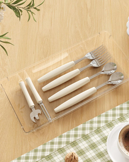 Silverware Drawer Organizer, 5.75" x 11.65" Clear Utensil Tray for Kitchen Drawer, Stackable Plastic Flatware and Cutlery Storage Box Divider for Spoons Forks Knives Tools, 2 Pack