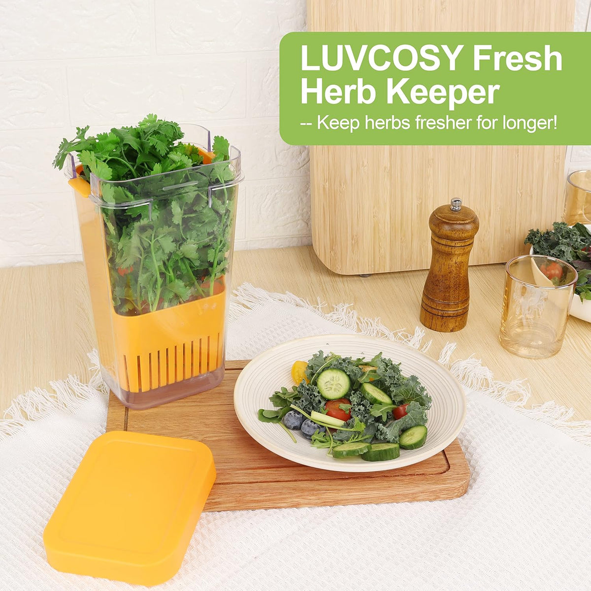 Herb Keeper Set: 3 Pack Herb Saver+1 Pack Herb Scissors+2 Pack Herb Stripper, BPA-Free Plastic Herb Container for Cilantro, Mint & Asparagus, Keeps Fresh Herbs for 3 Times Longer