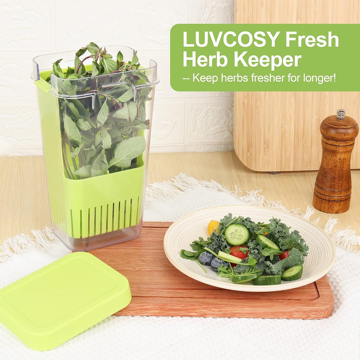 Herb Keeper Set: 3 Pack Herb Saver+1 Pack Herb Scissors+2 Pack Herb Stripper, BPA-Free Plastic Herb Container for Cilantro, Mint & Asparagus, Keeps Fresh Herbs for 3 Times Longer