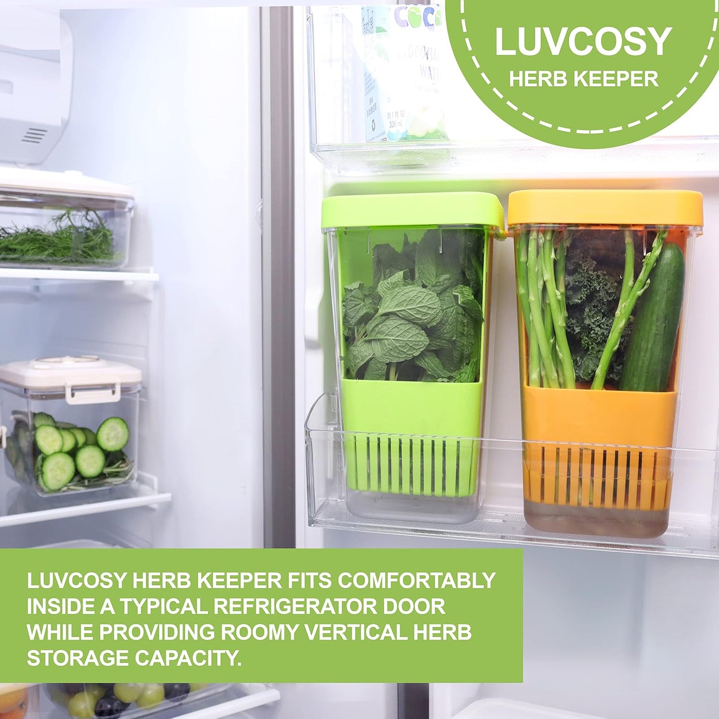 Herb Keeper Set: 3 Pack Herb Saver+1 Pack Herb Scissors+2 Pack Herb Stripper, BPA-Free Plastic Herb Container for Cilantro, Mint & Asparagus, Keeps Fresh Herbs for 3 Times Longer