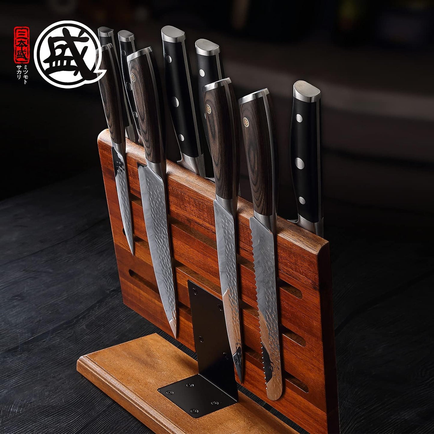 12.5-Inch Acacia Wood Countertop Magnetic Knife Holder | 1200 Gauss Magnetic Core, Double-Sided Knife Storage, Fine-Sanded Wood Grain, Anti-Slip Base