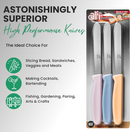 All-Purpose Knives Aerospace Precision Rounded Tip - Home And Kitchen Supplies - Serrated Steak Knives Set | Made in USA (3 Pack, Classic Black)