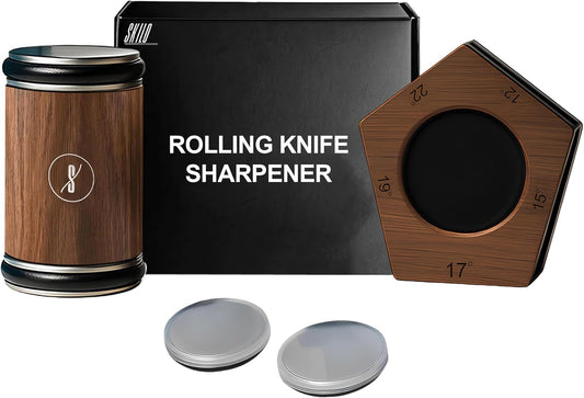 Rolling Knife Sharpener Made of Black American Walnut - Tumbler Knife Sharpener Knife Sharpening With Diamonds & Ceramic for Steel of Any Hardness With Magnetic Angle