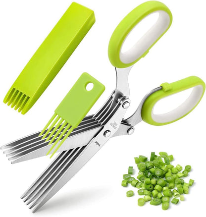 Herb Scissors, Multipurpose 5 Blade Kitchen Herb Shears Herb Cutter with Safety Cover and Cleaning Comb for Chopping Basil Chive Parsley (Green)