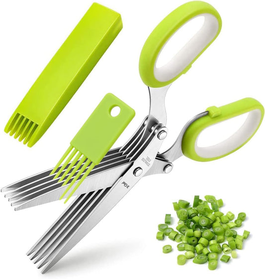 Herb Scissors, Multipurpose 5 Blade Kitchen Herb Shears Herb Cutter with Safety Cover and Cleaning Comb for Chopping Basil Chive Parsley (Green)