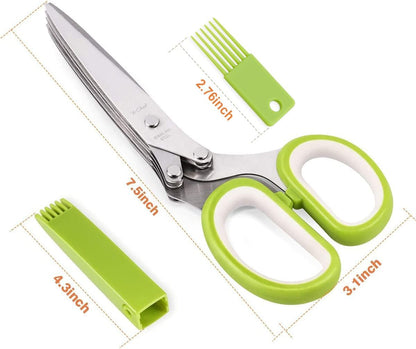 Herb Scissors, Multipurpose 5 Blade Kitchen Herb Shears Herb Cutter with Safety Cover and Cleaning Comb for Chopping Basil Chive Parsley (Green)