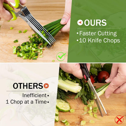 Herb Scissors, Multipurpose 5 Blade Kitchen Herb Shears Herb Cutter with Safety Cover and Cleaning Comb for Chopping Basil Chive Parsley (Green)