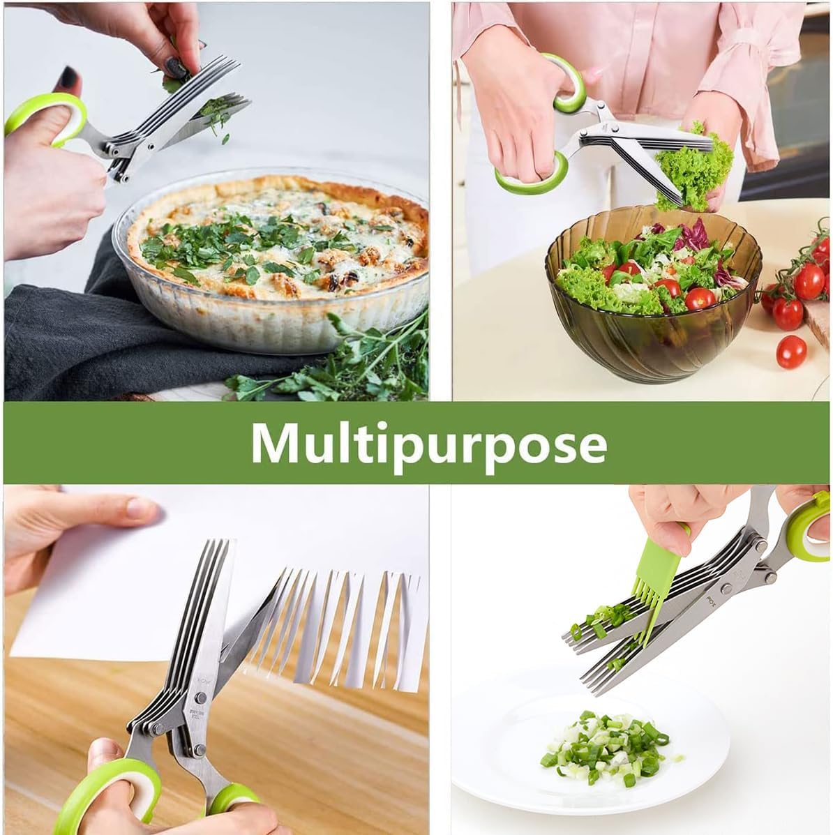 Herb Scissors, Multipurpose 5 Blade Kitchen Herb Shears Herb Cutter with Safety Cover and Cleaning Comb for Chopping Basil Chive Parsley (Green)
