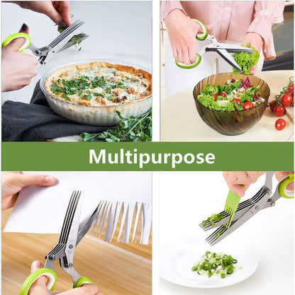 Herb Scissors, Multipurpose 5 Blade Kitchen Herb Shears Herb Cutter with Safety Cover and Cleaning Comb for Chopping Basil Chive Parsley (Green)