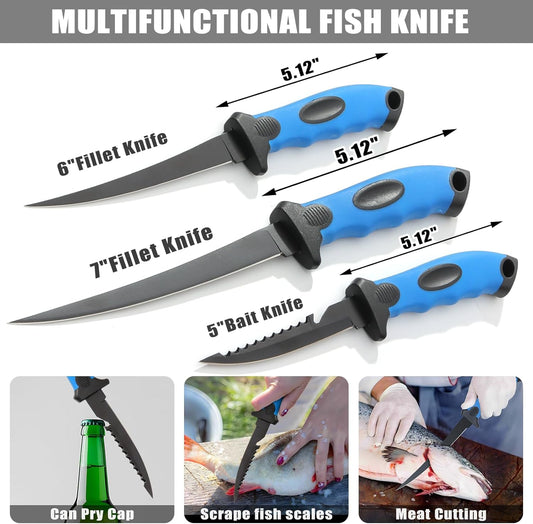 10 Pieces Fillet Knife Set, Stainless Bait Knife with Sharpening Rod and Sheath, Professional Filleting Boning Knife for Meat