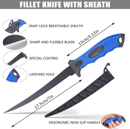 10 Pieces Fillet Knife Set, Stainless Bait Knife with Sharpening Rod and Sheath, Professional Filleting Boning Knife for Meat